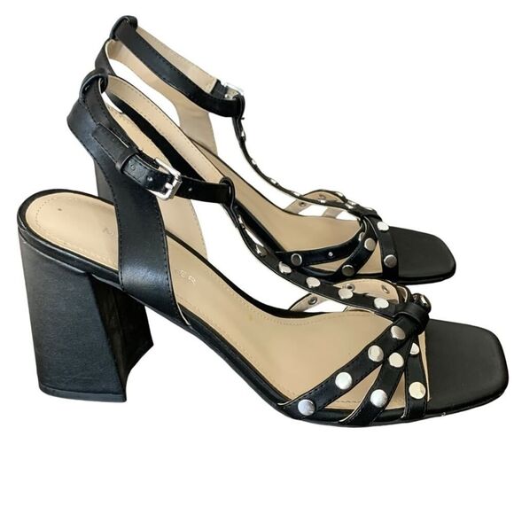 Marc Fisher Quilon Studded Heeled Sandal Women's Block T-Strap Black Size 9 1/2 - Picture 7 of 12